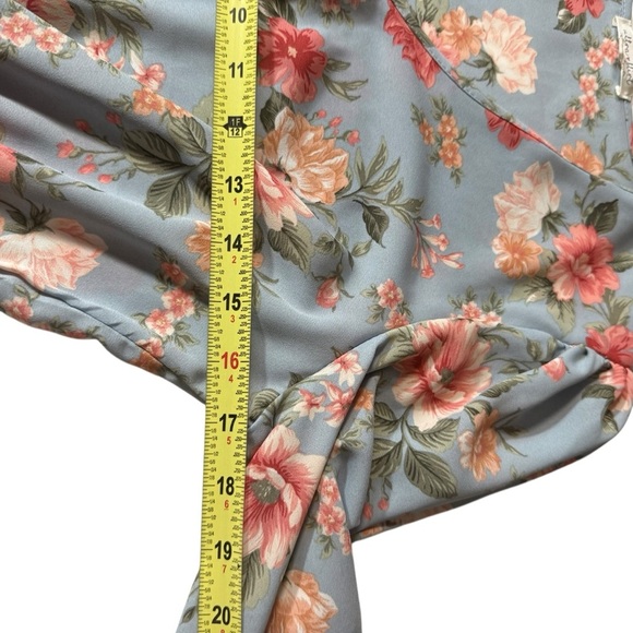 Ultra Flirt Floral Wrap Blouse in Blue and Pink - Picture 10 of 12